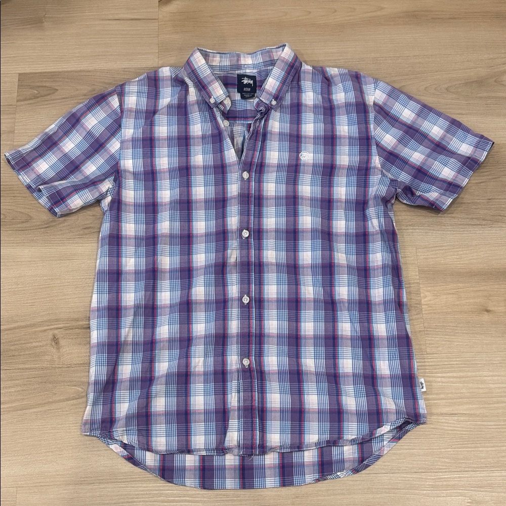 Stussy Men's medium Casual Purple plaid checkered button down short sleeve Shirt